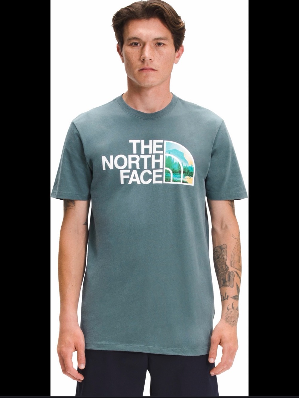 The North Face Men’s Short Sleeve Logo Tee in Slate Green with White Graphic